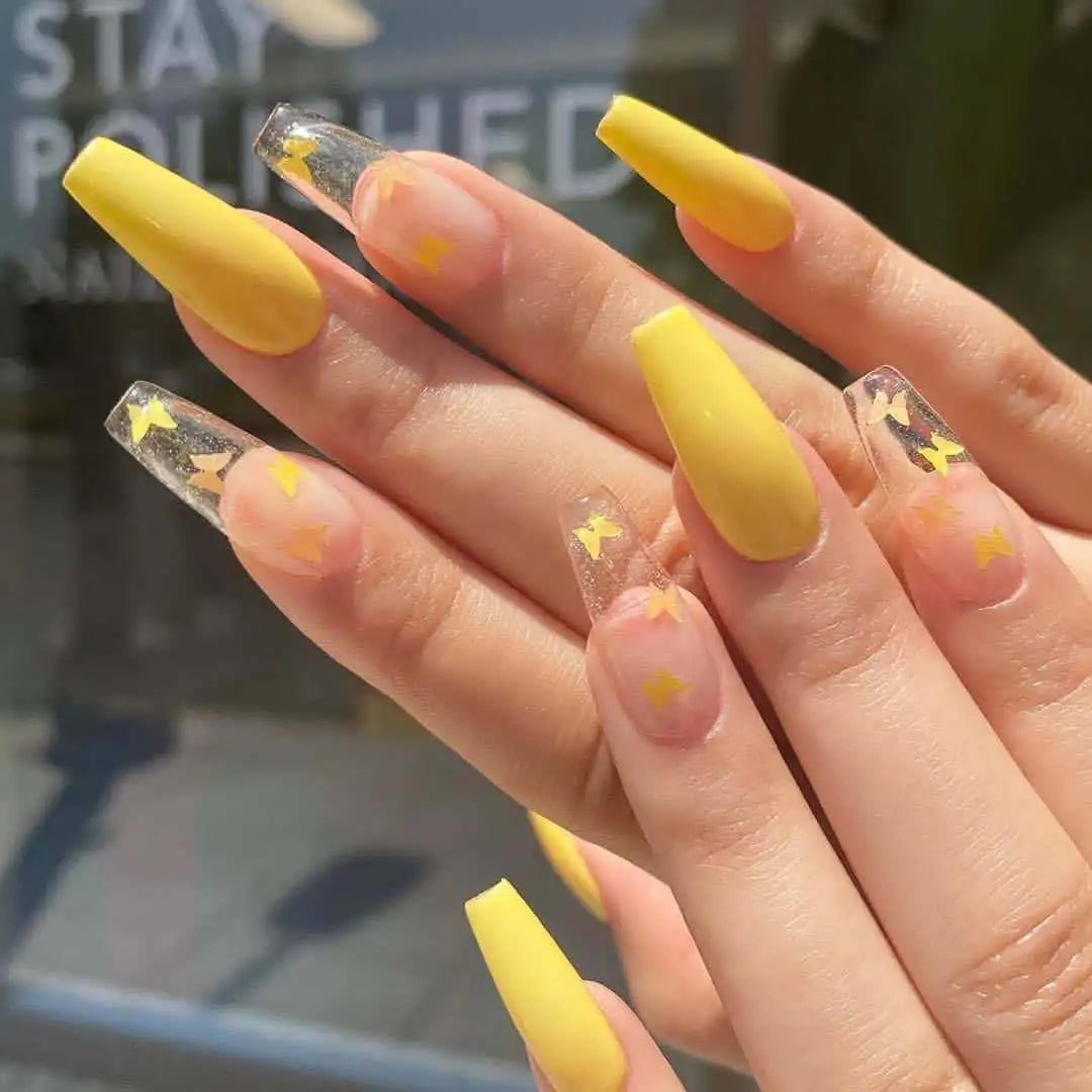 Yellow Press on Nails With Butterfly Printing Reliable Quality and Favorable Price OEM Service Wholesale