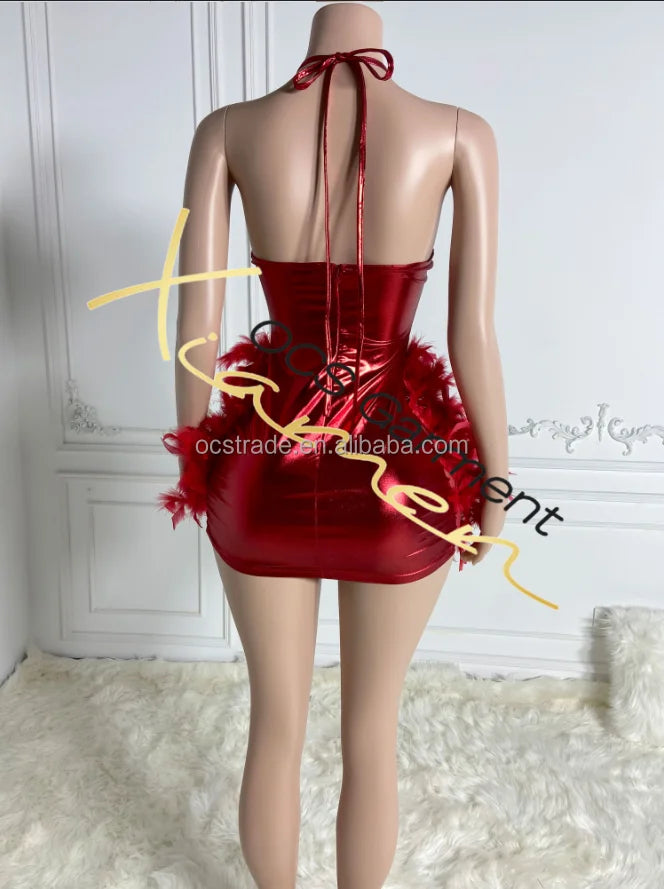 Ocstrade Summer Red Feather Diamond Sexy Grows Mini Dress Rhinestone Luxury Night Party Dresses for Photoshoot Sashes Club Dress