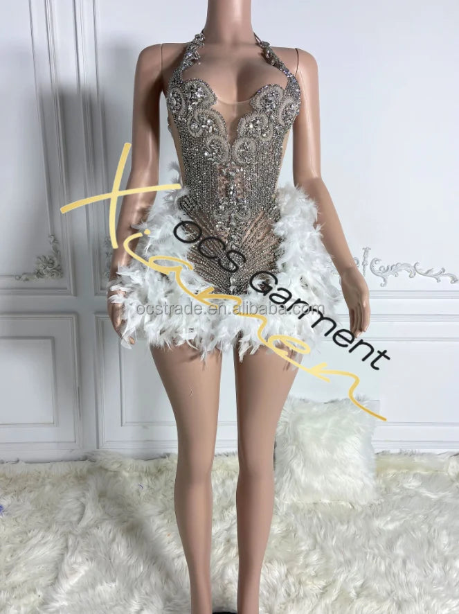 Ocstrade Summer Red Feather Diamond Sexy Grows Mini Dress Rhinestone Luxury Night Party Dresses for Photoshoot Sashes Club Dress