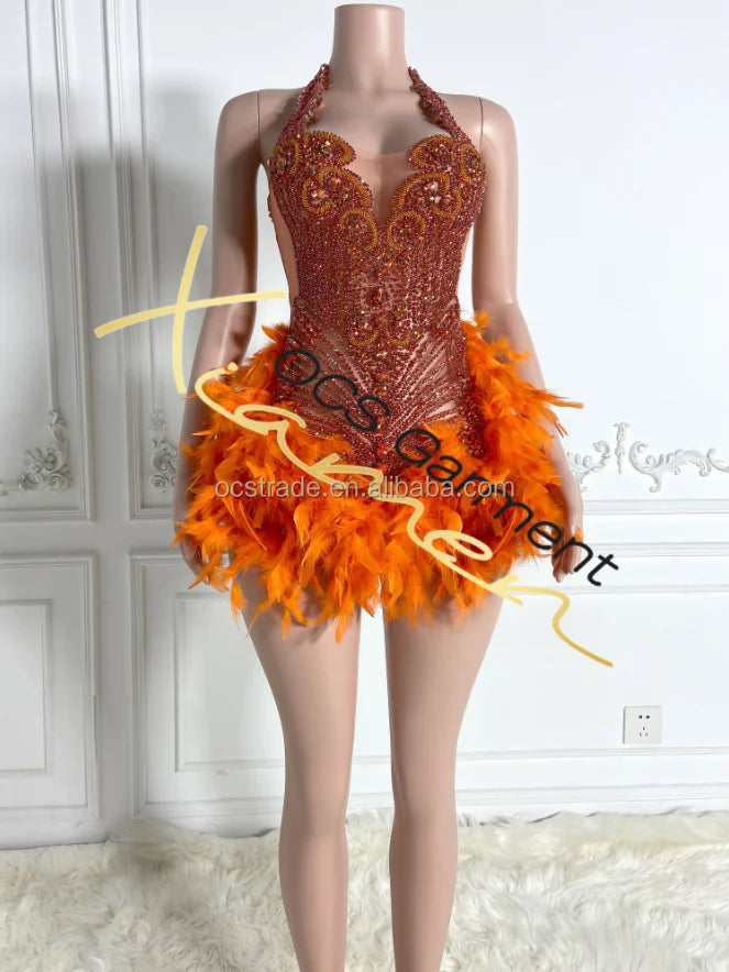 Ocstrade Summer Red Feather Diamond Sexy Grows Mini Dress Rhinestone Luxury Night Party Dresses for Photoshoot Sashes Club Dress