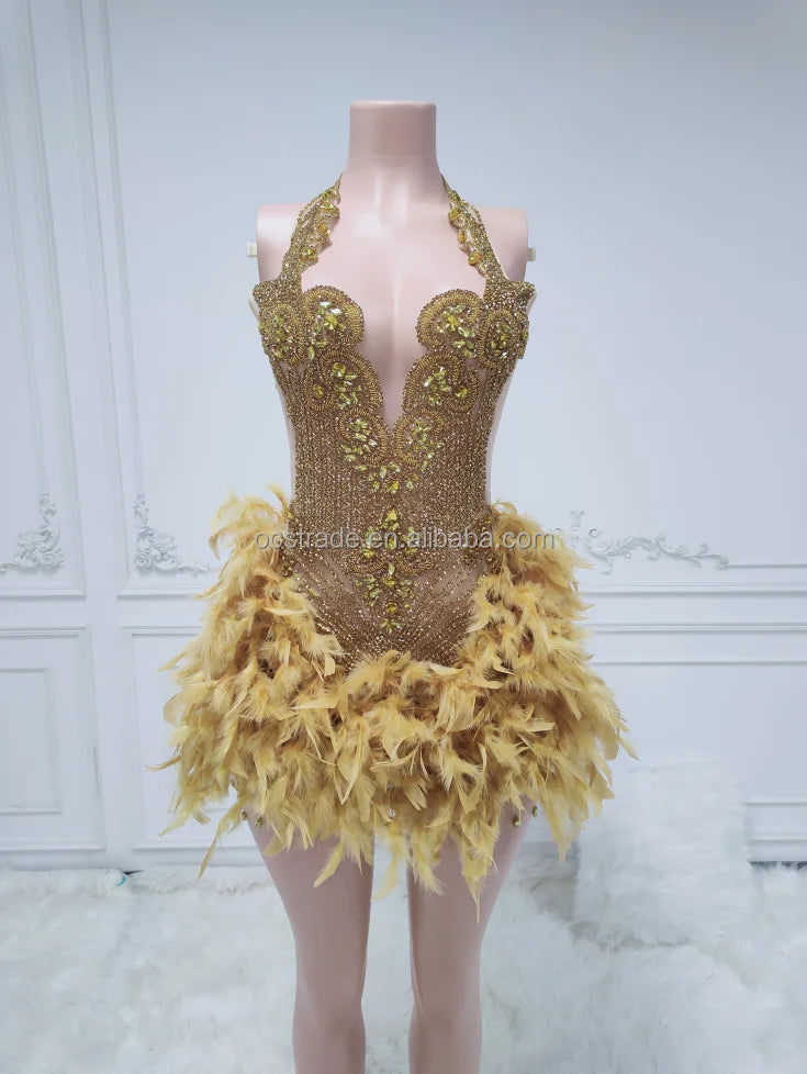 Ocstrade Summer Red Feather Diamond Sexy Grows Mini Dress Rhinestone Luxury Night Party Dresses for Photoshoot Sashes Club Dress