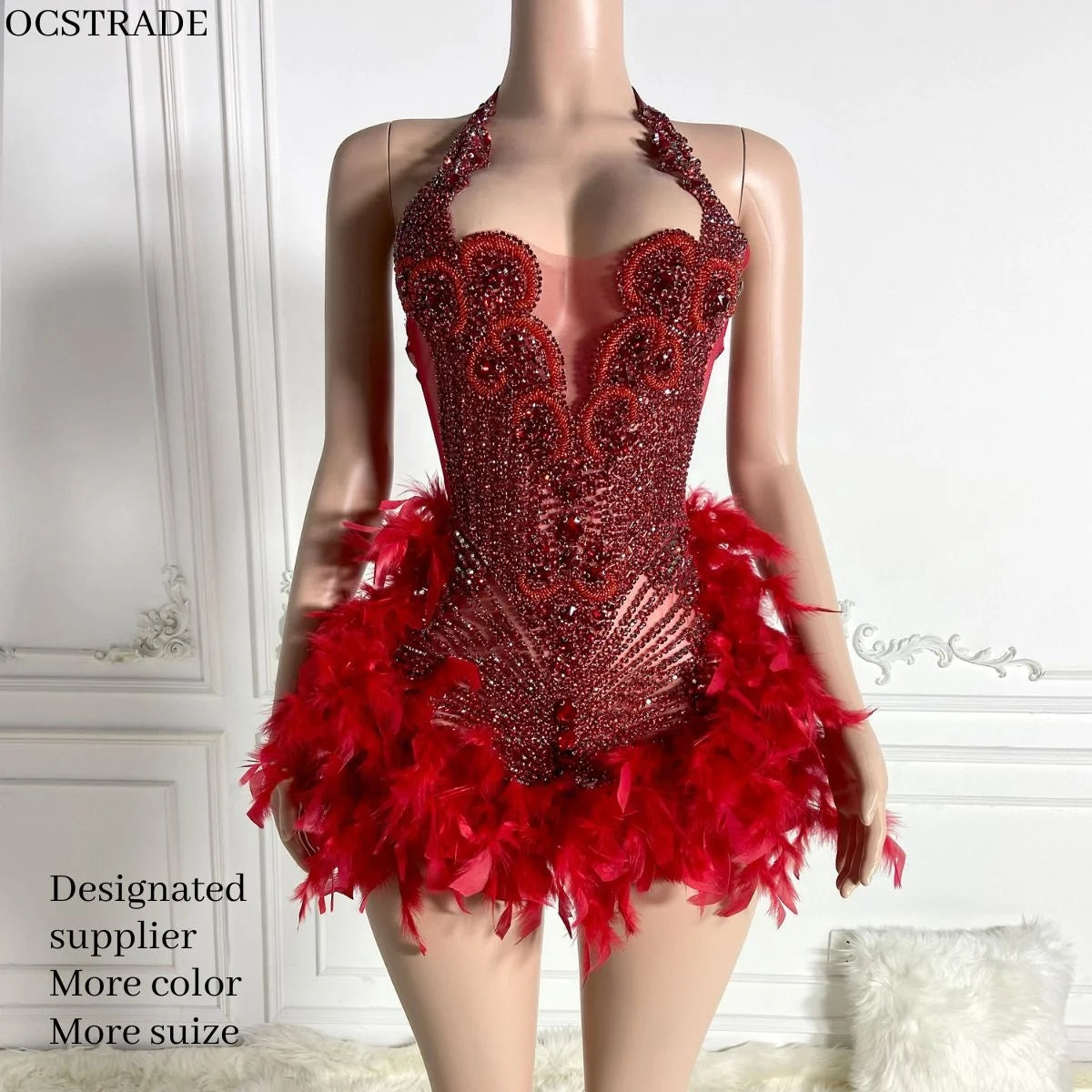 Ocstrade Summer Red Feather Diamond Sexy Grows Mini Dress Rhinestone Luxury Night Party Dresses for Photoshoot Sashes Club Dress