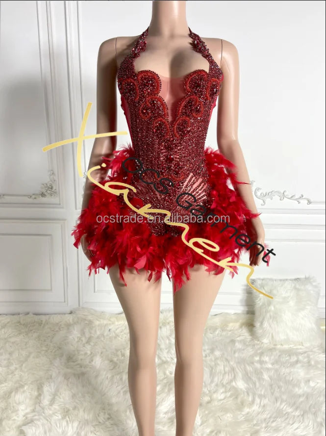 Ocstrade Summer Red Feather Diamond Sexy Grows Mini Dress Rhinestone Luxury Night Party Dresses for Photoshoot Sashes Club Dress