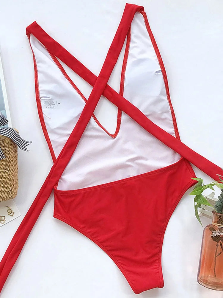 Plunging Women Swimsuit One Piece Sexy Swimwear 2023 Red Swimming Suit Monokini Crisscross Bathing Suits Beachwear